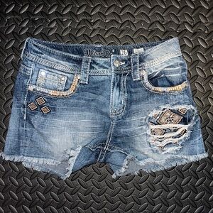 Miss Me Distressed Blue Jean Shorts with Embroidery